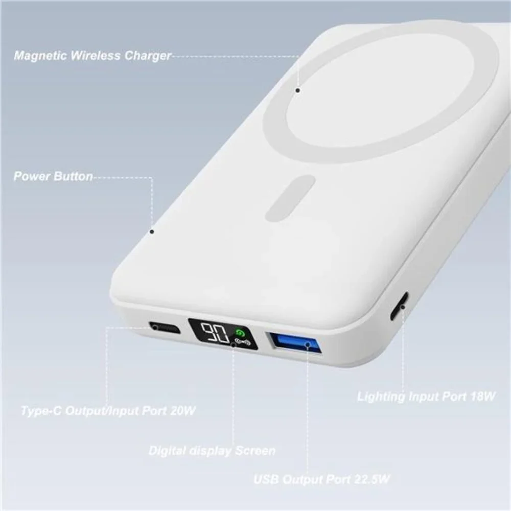 Magnetic Power Bank,10000mAh Foldable Wireless Portable Charger with USB-C Cable
